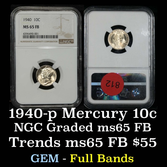 NGC 1940-p Mercury Dime 10c Graded ms65 FB By NGC