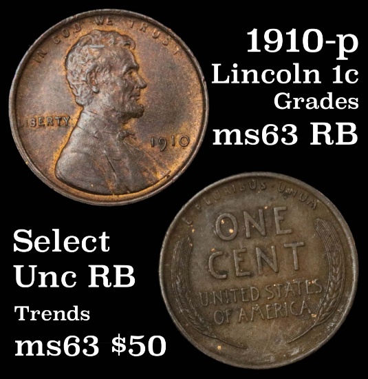 1910-p Lincoln Cent 1c Grades Select Unc RB
