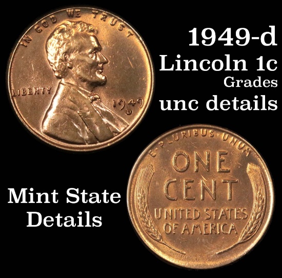 1949-d Lincoln Cent 1c Grades Unc Details