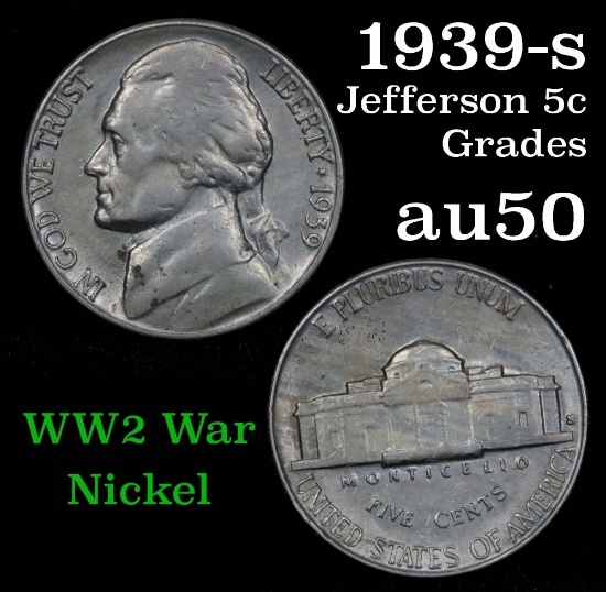 1939-s Jefferson Nickel 5c Grades AU, Almost Unc