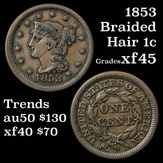 1853 Braided Hair Large Cent 1c Grades xf+