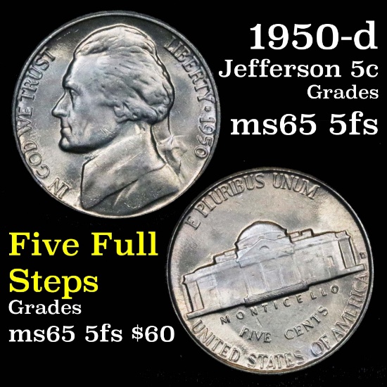1950-d Jefferson Nickel 5c Grades GEM 5fs