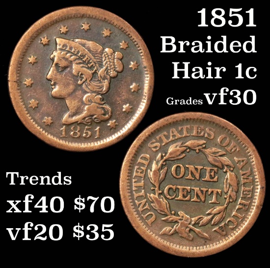 1851 Braided Hair Large Cent 1c Grades vf++