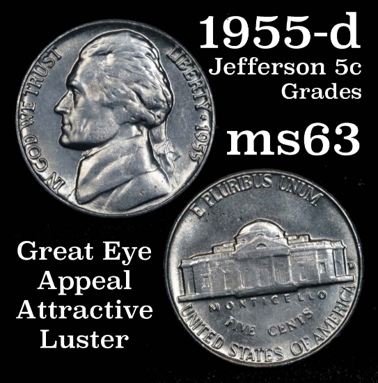 1955-d Jefferson Nickel 5c Grades Select Unc