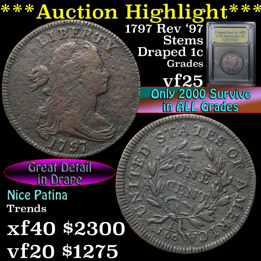 ***Auction Highlight*** 1797 Stems Rev '97 Draped Bust Large Cent 1c Graded vf+ by USCG (fc)