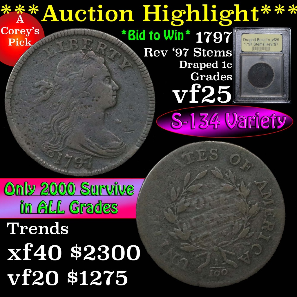 ***Auction Highlight*** 1797 Stems Rev '97 Draped Bust Large Cent 1c Graded vf+ by USCG (fc)