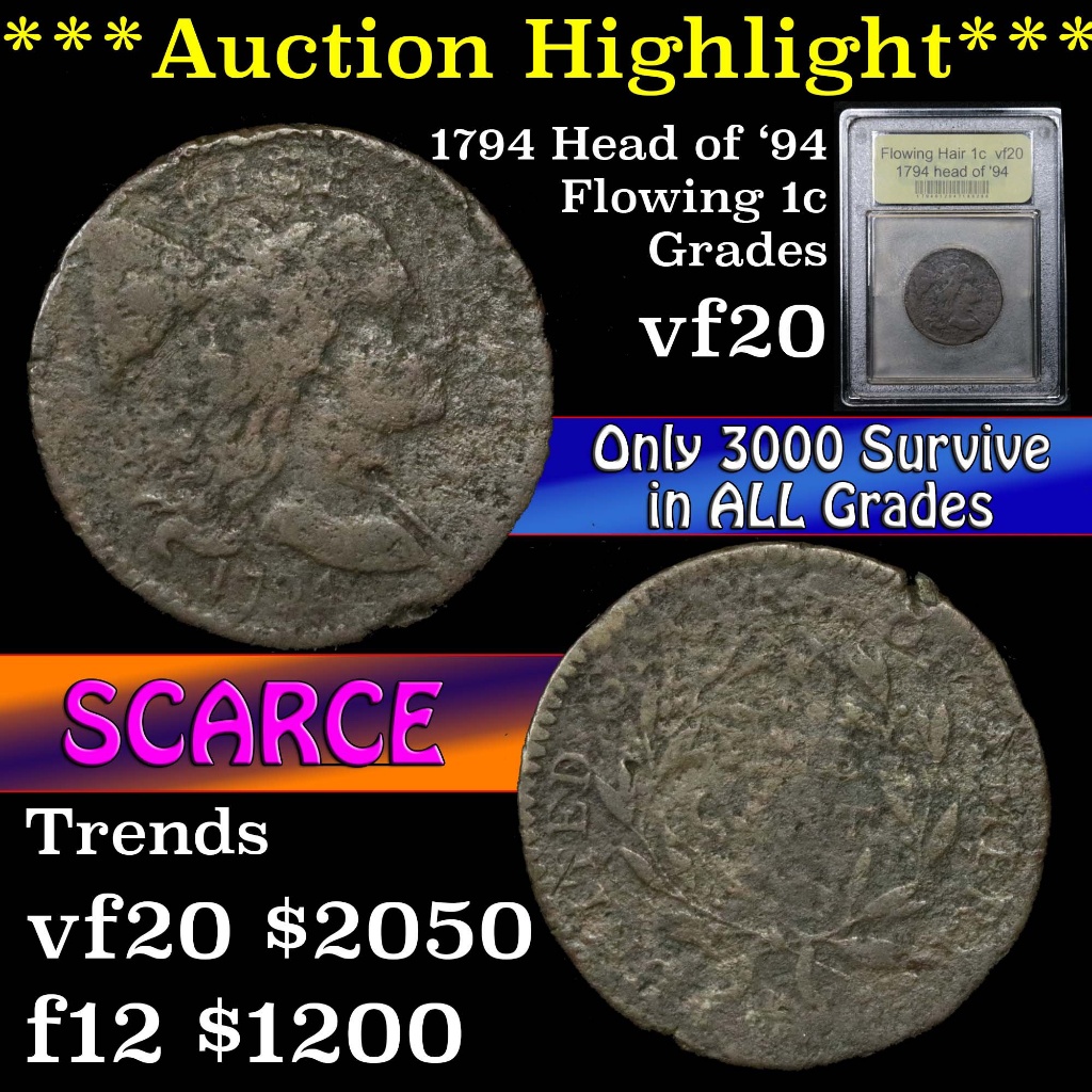 ***Auction Highlight*** 1794 head of '94 Flowing Hair Liberty Cap Large 1c Graded vf by USCG (fc)