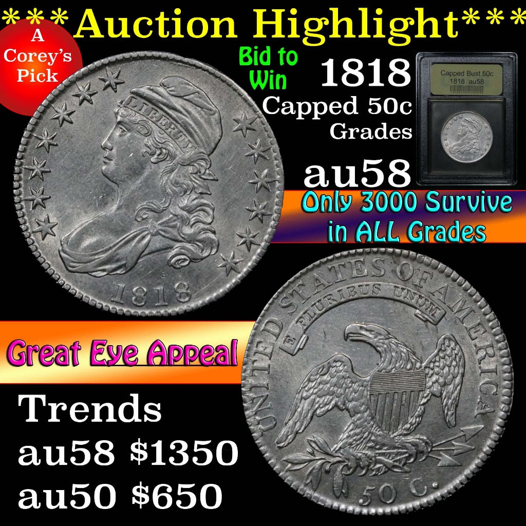 ***Auction Highlight*** 1818 Capped Bust Half Dollar 50c Graded Choice AU/BU Slider by USCG (fc)