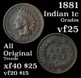 1881 Indian Cent 1c Grades vf+