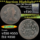 ***Auction Highlight*** 1802 no stems Draped Bust Large Cent 1c Graded vf, very fine by USCG (fc)