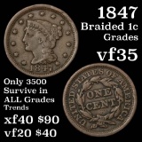 1847 Braided Hair Large Cent 1c Grades vf++