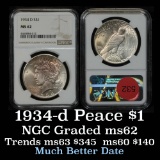 NGC 1934-d Peace Dollar $1 Graded ms62 By NGC