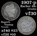 1907-p Barber Dime 10c Grades vf++