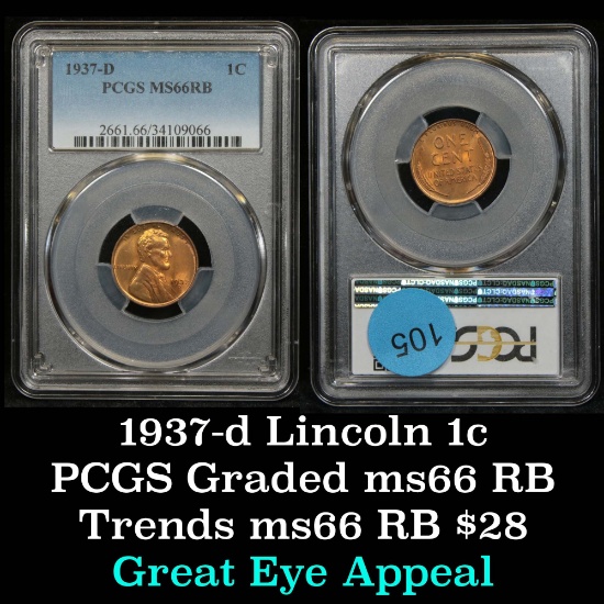 PCGS 1937-d Lincoln Cent 1c Graded ms66 rb By PCGS