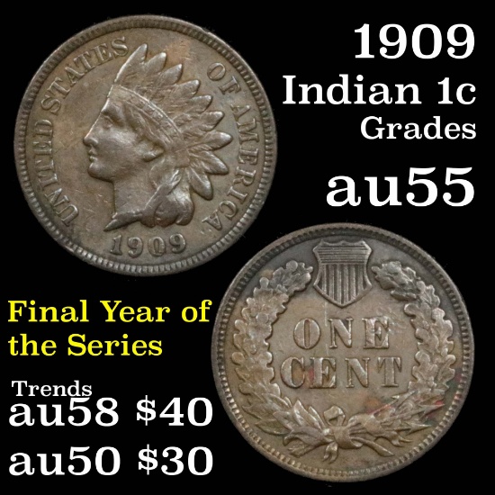 1909 Indian Cent 1c Grades Choice AU
