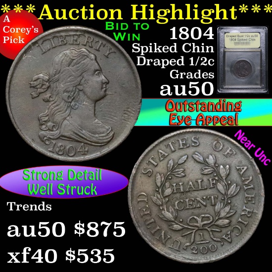 ***Auction Highlight*** 1804 Spiked Chin Draped Bust Half Cent 1/2c Graded AU, Almost Unc USCG (fc)