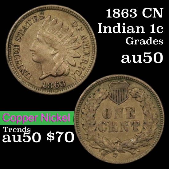 1863 CN Indian Cent 1c Grades AU, Almost Unc