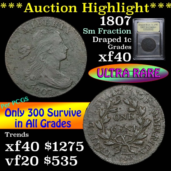 ***Auction Highlight*** 1807 Sm fraction Draped Bust Large Cent 1c Graded xf by USCG (fc)