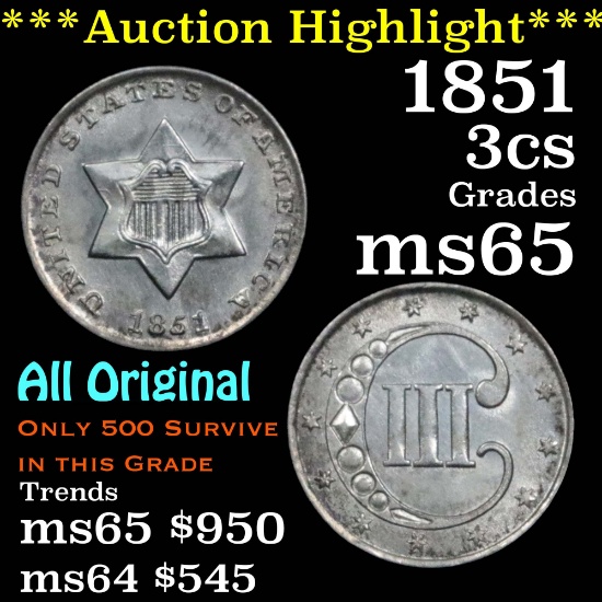 ***Auction Highlight*** 1851 3 Cent Silver 3cs Grades GEM Unc (fc)