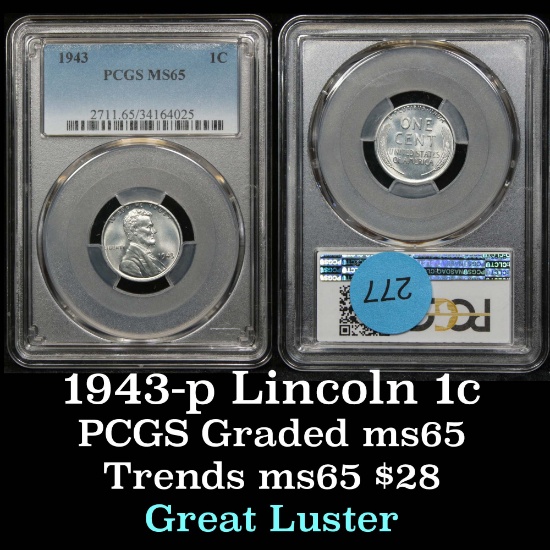PCGS 1943-p Lincoln Cent 1c Graded ms65 By PCGS