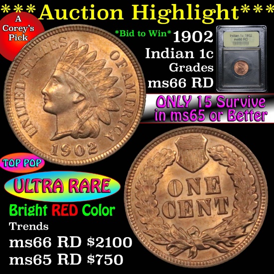 ***Auction Highlight*** 1902 Indian Cent 1c Graded GEM+ Unc RD by USCG (fc)