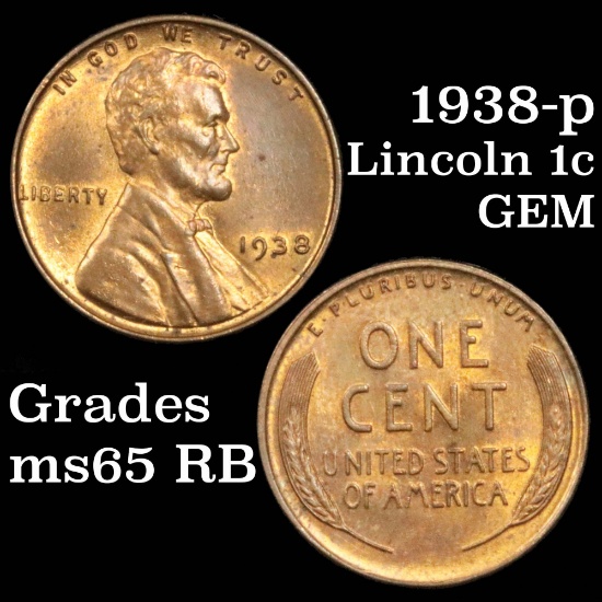 1938-p Lincoln Cent 1c Grades GEM Unc RB