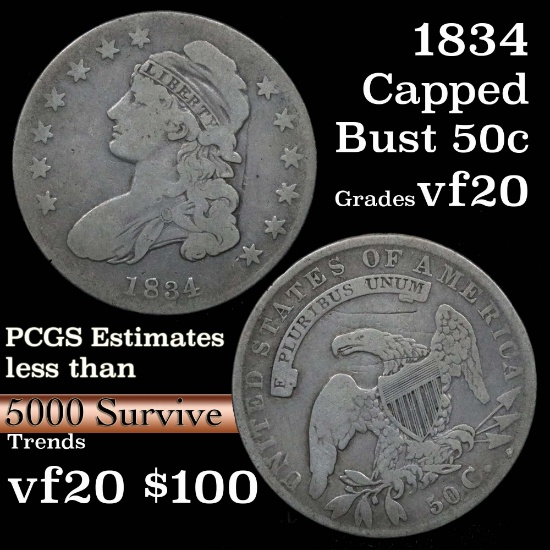 1834 Capped Bust Half Dollar 50c Grades vf, very fine