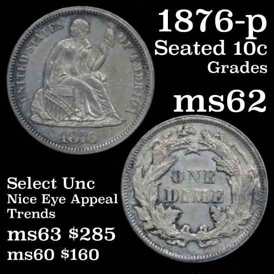 1876-p Seated Liberty Dime 10c Grades Select Unc (fc)
