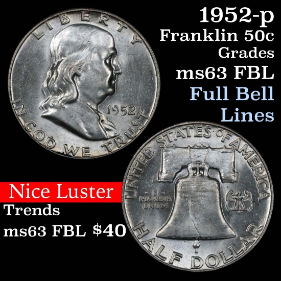 1952-p Franklin Half Dollar 50c Grades Select Unc FBL