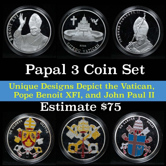 Papal 3 coin Set, Pope John Paul II Benoit XVI Vatican medal silver plated
