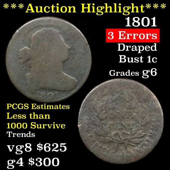 ***Auction Highlight*** 1801 Draped Bust Large Cent 1c Grades g+ (fc)