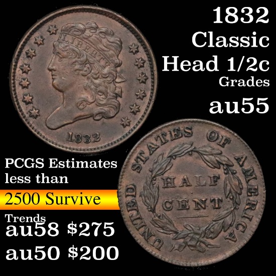 1832 Classic Head half cent 1/2c Grades Choice AU (fc)