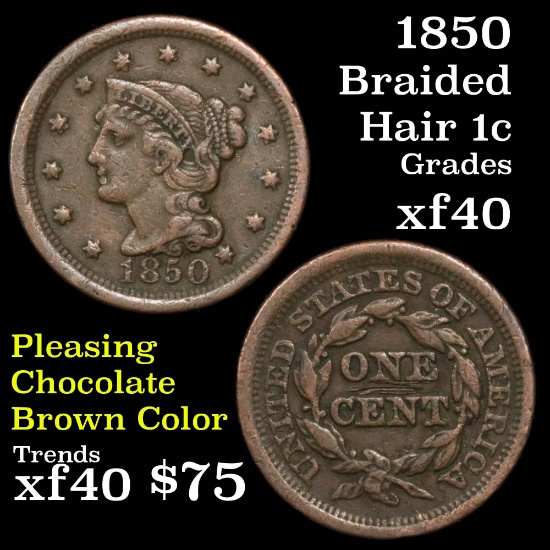 1850 Braided Hair Large Cent 1c Grades xf
