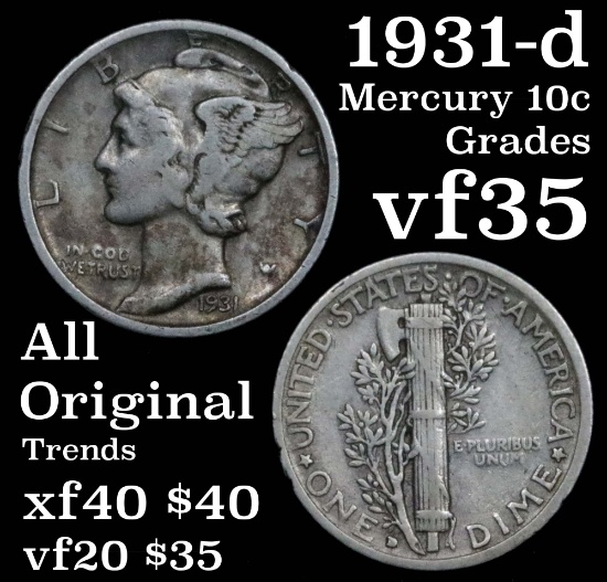 1931-d Mercury Dime 10c Grades vf++