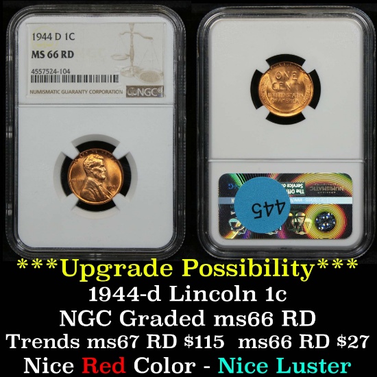NGC 1944-d Lincoln Cent 1c Graded ms66 RD By NGC