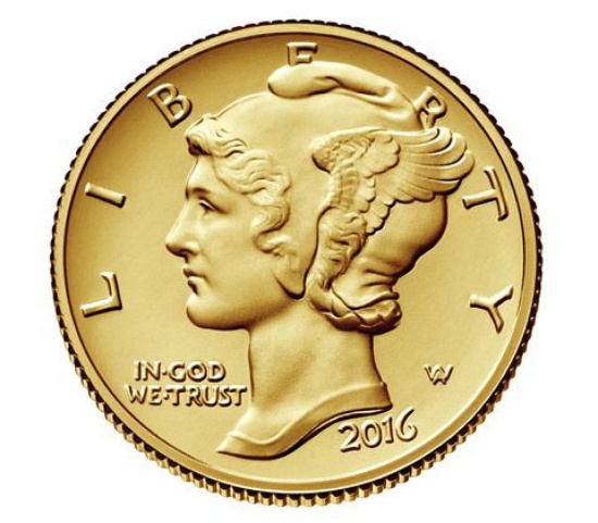 2016 Mercury Dime Centennial 1/10 oz 24kt Gold Coin OGP (fc)