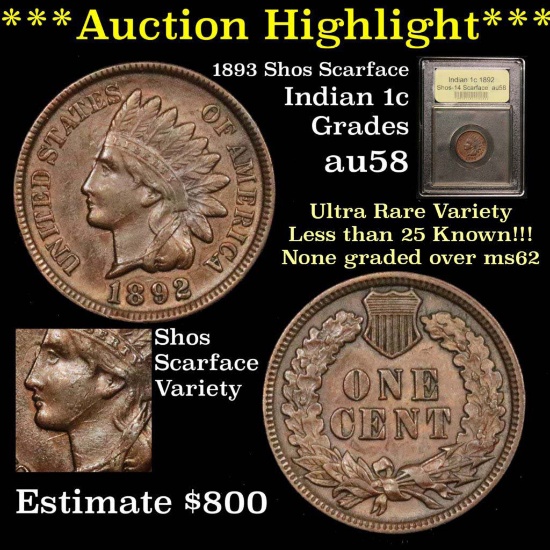***Auction Highlight*** 1892 Indian Cent 1c Scarface variety Graded Choice AU/BU Slider by USCG (fc)