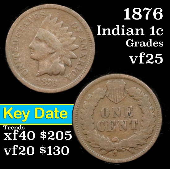 1876 Indian Cent 1c Grades vf+