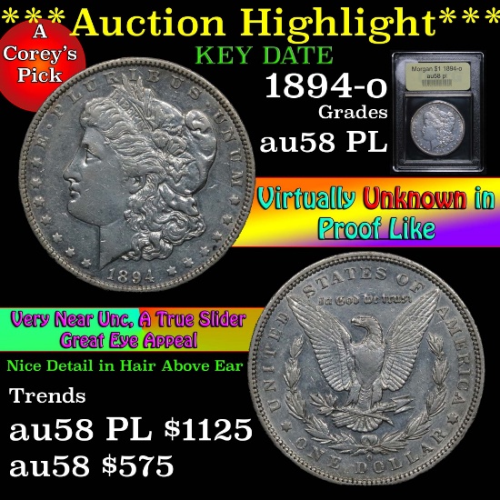 ***Auction Highlight*** Key date 1894-o Morgan Dollar $1 Graded Choice AU/BU Slider PL by USCG (fc)