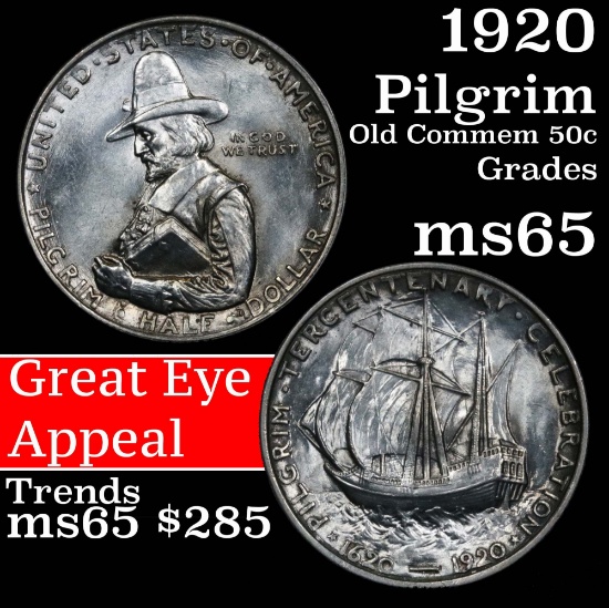 1920 Pilgrim Old Commem Half Dollar 50c Grades GEM Unc (fc)