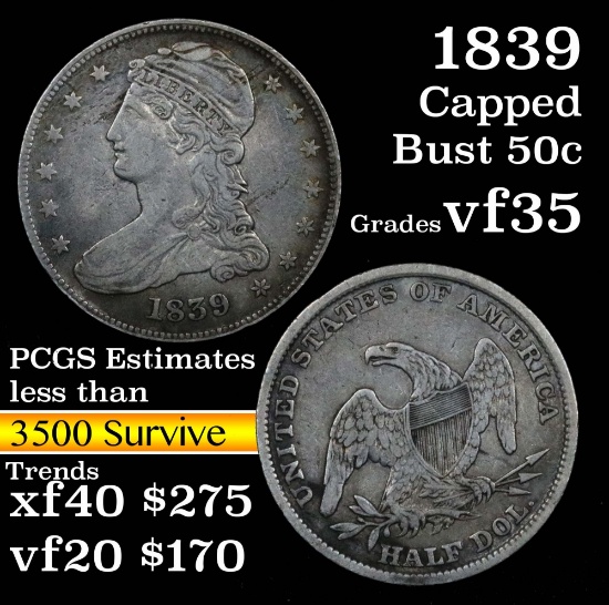 1839 Capped Bust Half Dollar 50c Grades vf++ (fc)