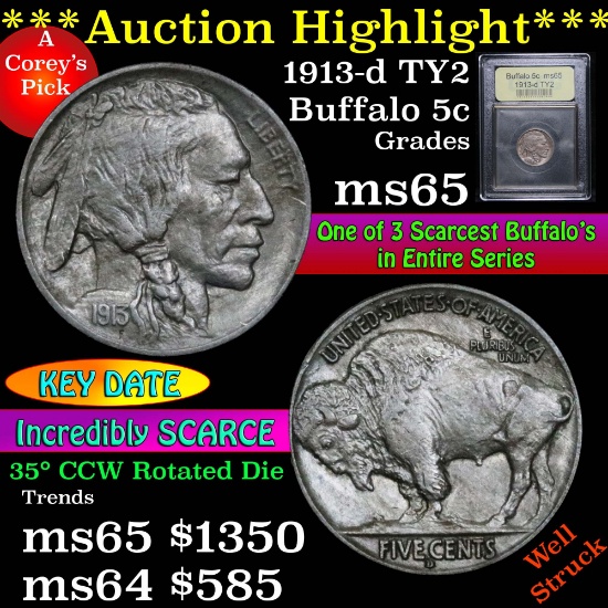 ***Auction Highlight*** 1913-d TY2 Buffalo Nickel 5c Graded GEM Unc by USCG (fc)