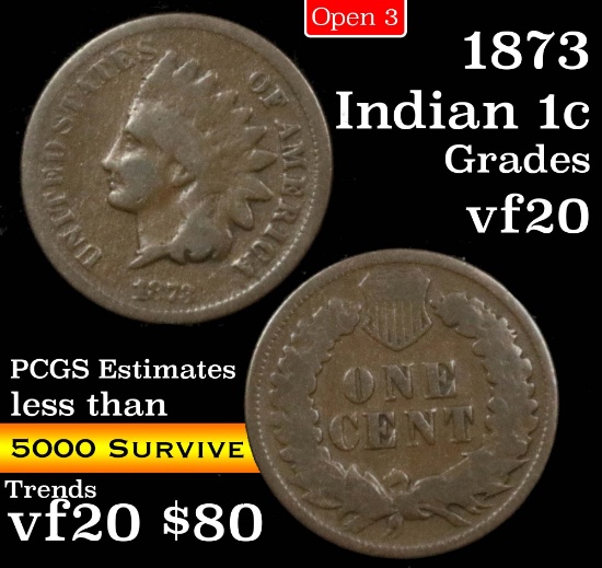 1873 Open 3 Indian Cent 1c Grades vf, very fine