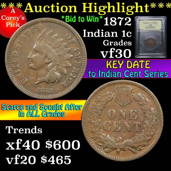 ***Auction Highlight*** 1872 Indian Cent 1c Graded vf++ by USCG (fc)