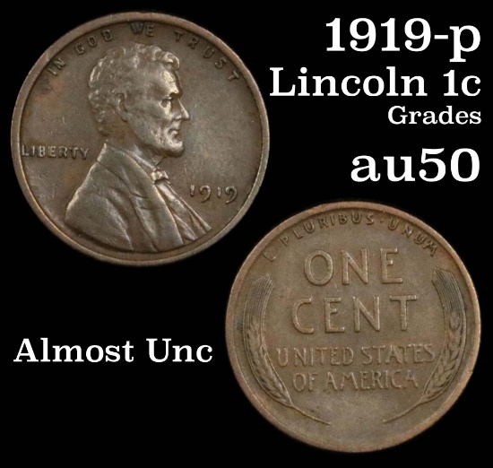 1919-p Lincoln Cent 1c Grades AU, Almost Unc