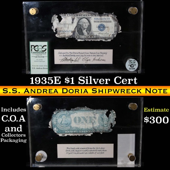 S.S. Andrea Doria Shipwreck  Note 1935E Silver Cert $1 Grades C' PCGS Signed & Encased w/COA (fc)