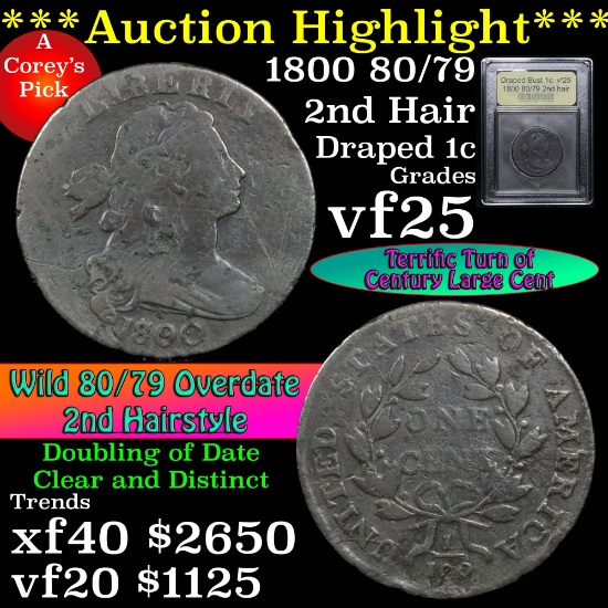 ***Auction Highlight*** 1800 80/79 2nd hair Draped Bust Large Cent 1c Graded vf+ by USCG (fc)