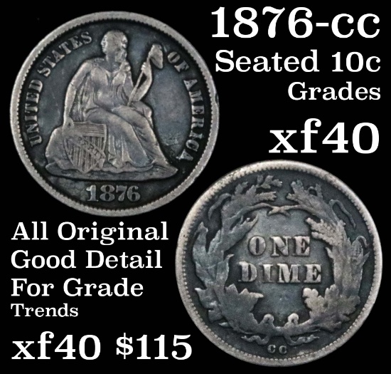 1876-cc Seated Liberty Dime 10c Grades xf