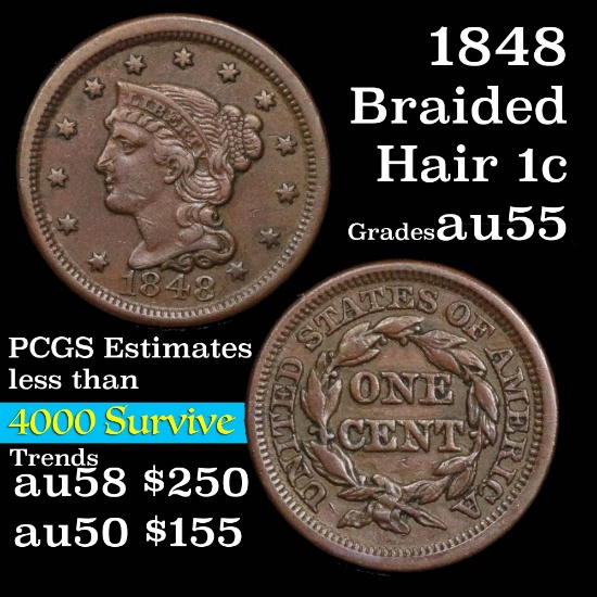 1848 Braided Hair Large Cent 1c Grades Choice AU (fc)