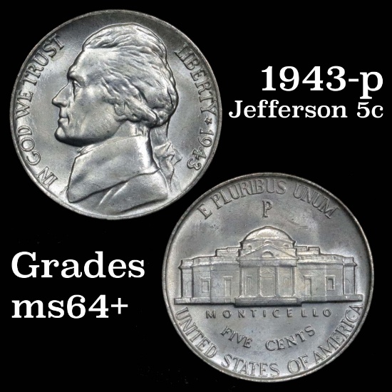 1943-p Jefferson Nickel 5c Grades Choice+ Unc